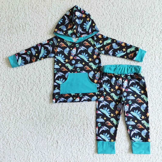 BLP0055 Boys Dinosaur Pocket Hooded Long Sleeve Pants Set