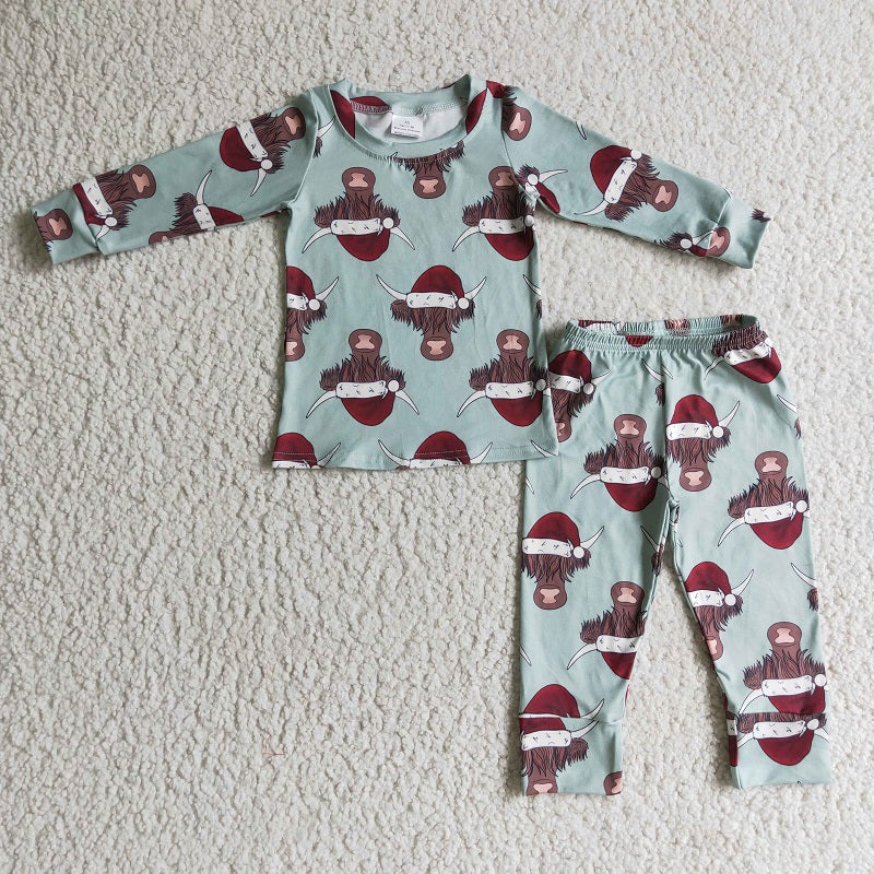 BLP0087 Boys Alpine Cow Christmas Hat Long Sleeve Pants Set