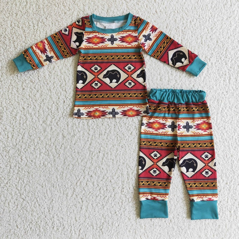 BLP0100 Boys Bear Geometric Brown Long Sleeve Trousers Set