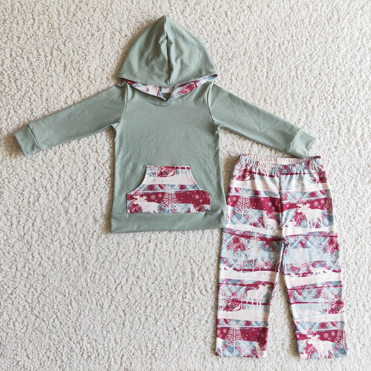 BLP0102 Boys Christmas Fawn Pattern Blue Hooded Long Sleeve Pants Set