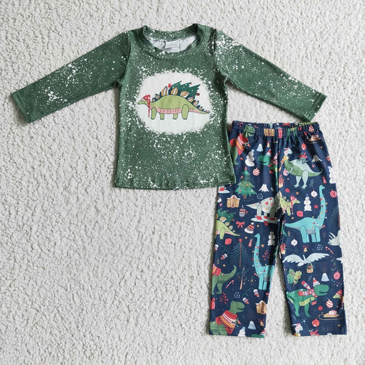 BLP0105 Boys Christmas Dinosaur Green Long Sleeve Pants Set