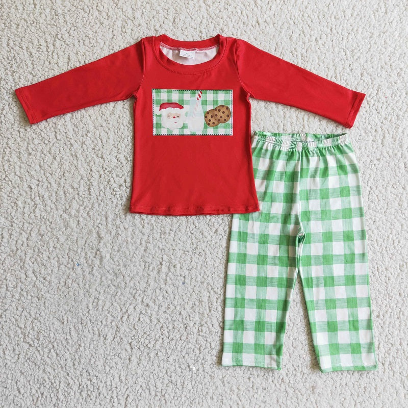 BLP0109 Boys Santa's Milk Cookies Long Sleeve Green Plaid Trousers Suit