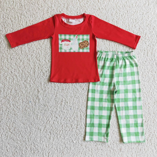 BLP0109 Boys Santa's Milk Cookies Long Sleeve Green Plaid Trousers Suit