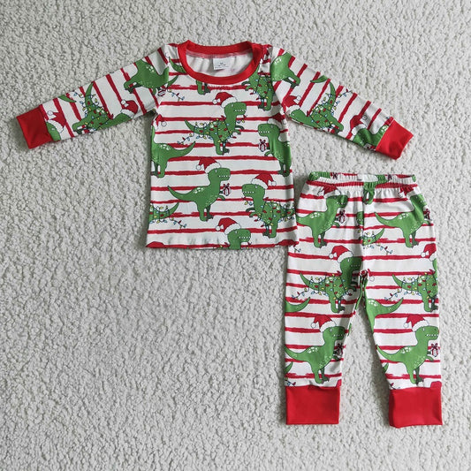 BLP0110 Boys Christmas Dinosaur Red Stripe Long Sleeve Pants Set