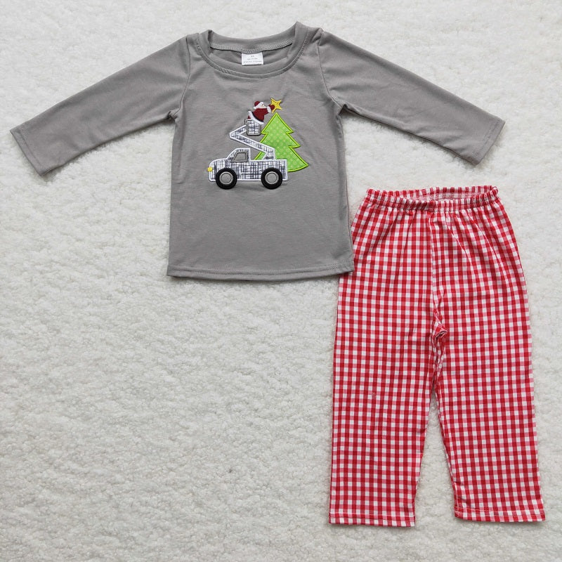 BLP0135 Boys Embroidered Santa Car Tree Gray Long Sleeve Red Pantsuit