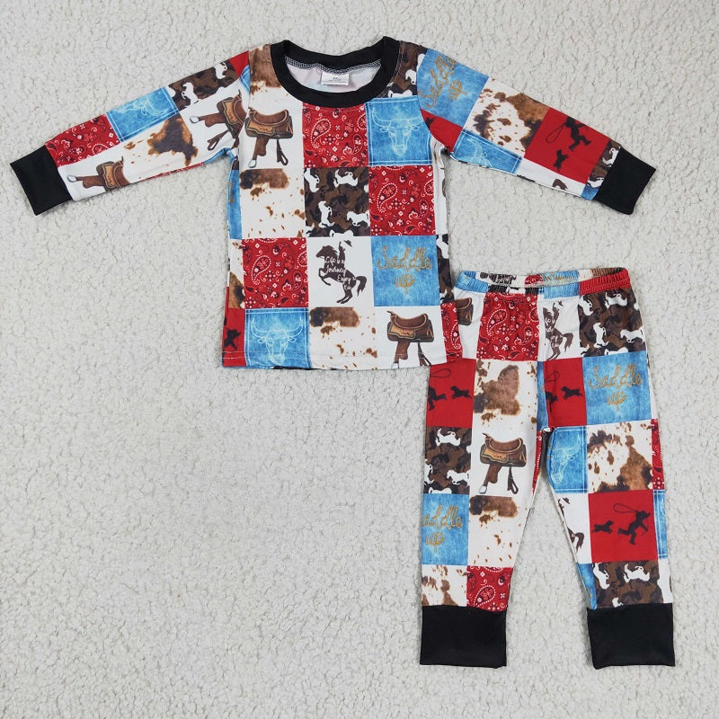 BLP0136 baby boy clothes winter western cow print pajamas