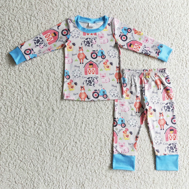 BLP0138 Boys Farm Cow Horse Pig Chicken Long Sleeve Pants Set