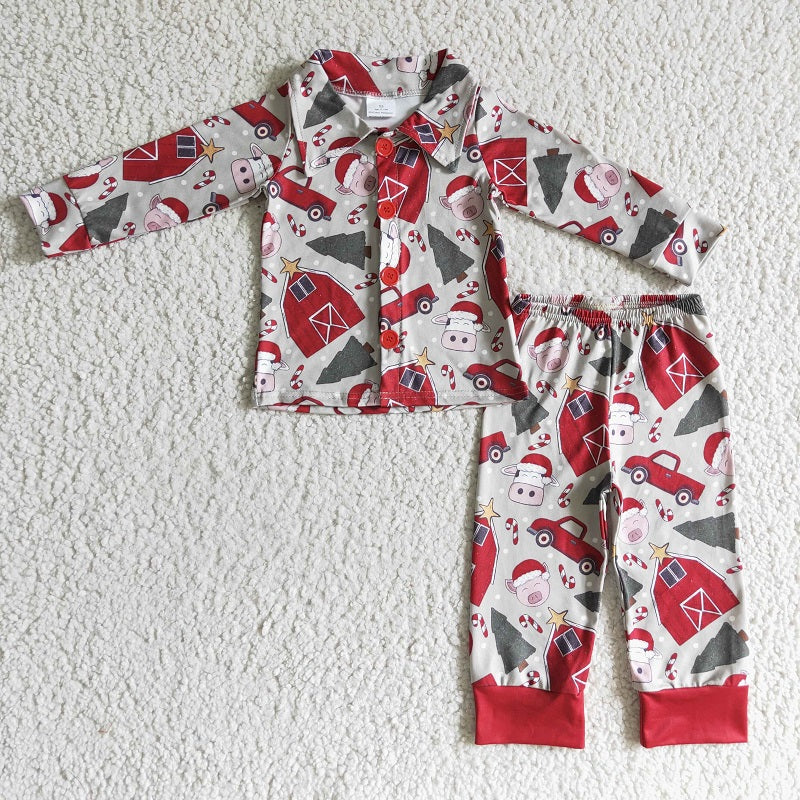BLP0143 boy sleapwear farm red winter pajamas set