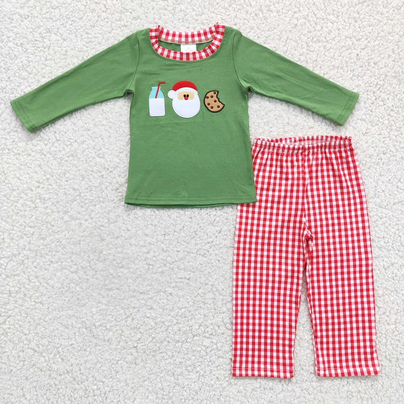 BLP0147 Boys Embroidered Santa Cookie Milk Green Long Sleeve Pantsuit