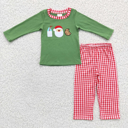 BLP0147 Boys Embroidered Santa Cookie Milk Green Long Sleeve Pantsuit
