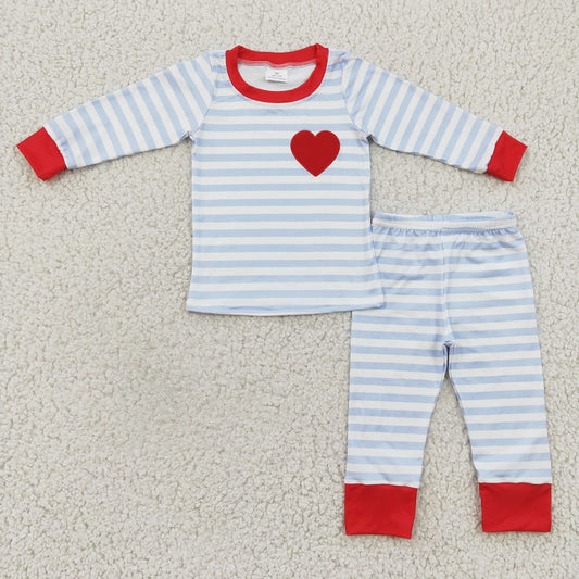BLP0149  Baby Boys Embroidered Heart Blue Stripe Long Sleeve Trousers Set