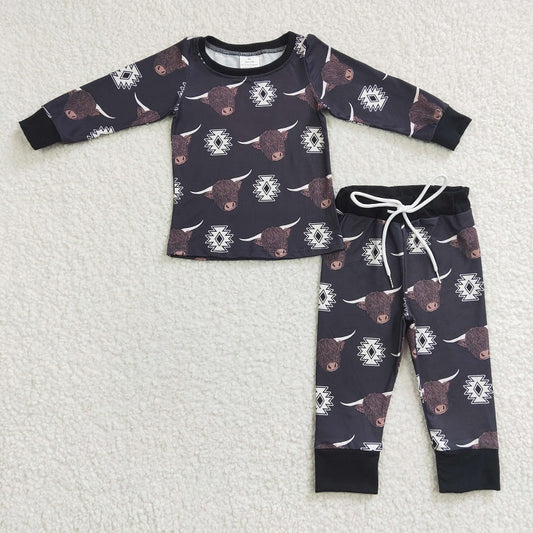 BLP0153 Baby Boys Bull Head Geometric Pattern Black Long Sleeve Trouser Set