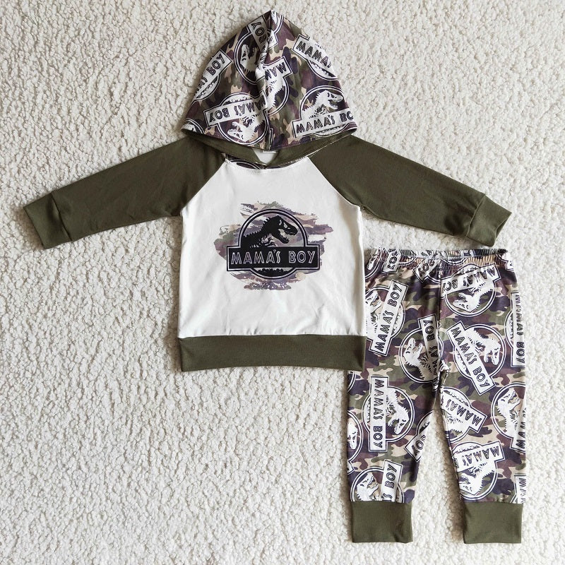 BLP0078 Boys MAMAS BOY Dinosaur Hooded Long Sleeve Pants Set