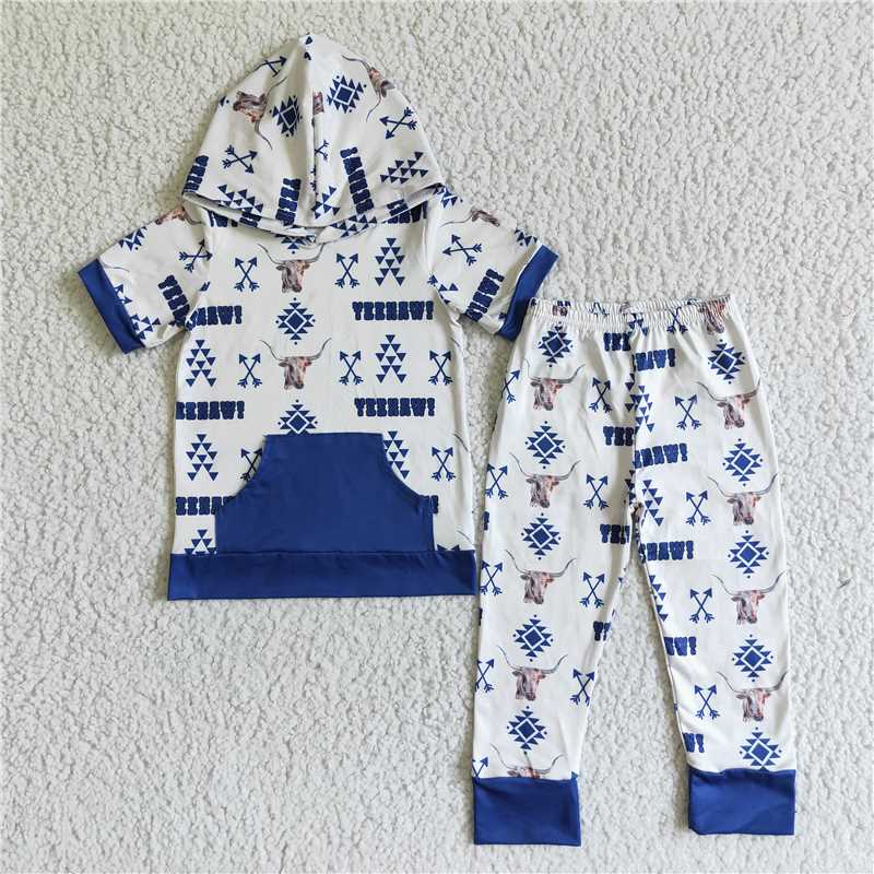 BSPO0006  Bull Head Arrow Blue Pocket Hooded Short Sleeve Pants Set