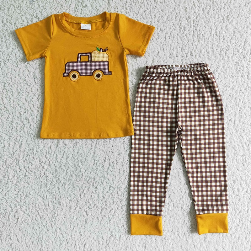 BSPO0007  Autumn Embroidered Pumpkin Car Orange Short Sleeve Pants Set