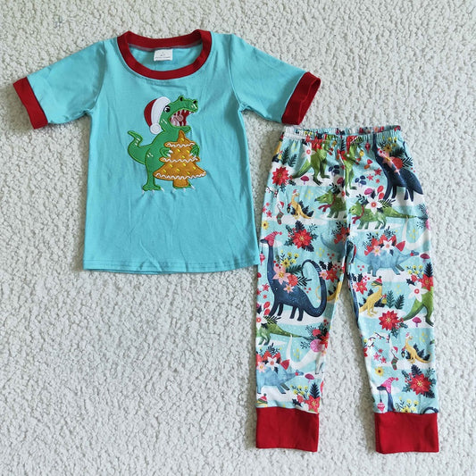 BSPO0008 Boys Embroidered Christmas Dinosaur Blue Short Sleeve Pants Set