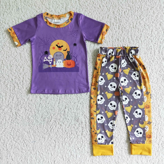 BSPO0018 Boys Halloween Pumpkin Ghost Purple Short Sleeve Pants Set