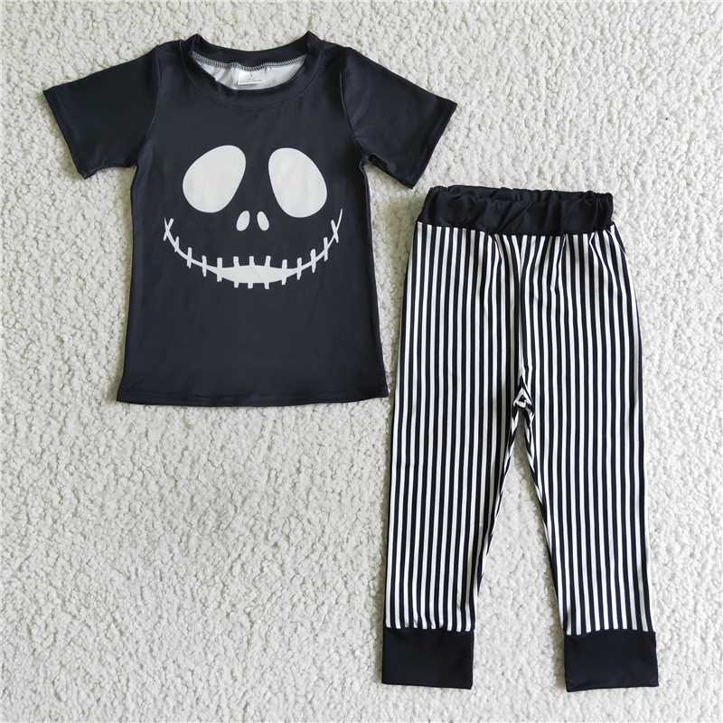 BSPO0023 Boys Black Smiley Short Sleeve Striped Trousers Suit