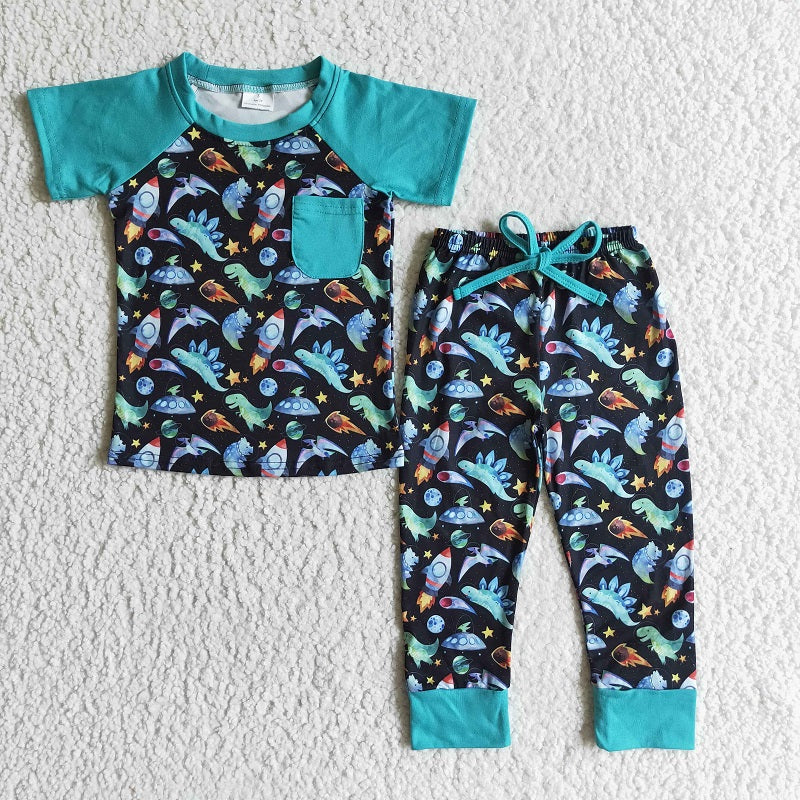 BSPO0024 Boys Dinosaur Rocket Pocket Short Sleeve Pants Set