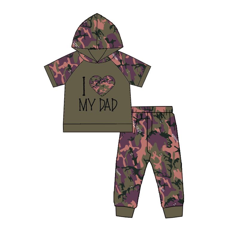 BSPO0037 Boys MY DAD Green Camo Hooded Short Sleeve Pants Set