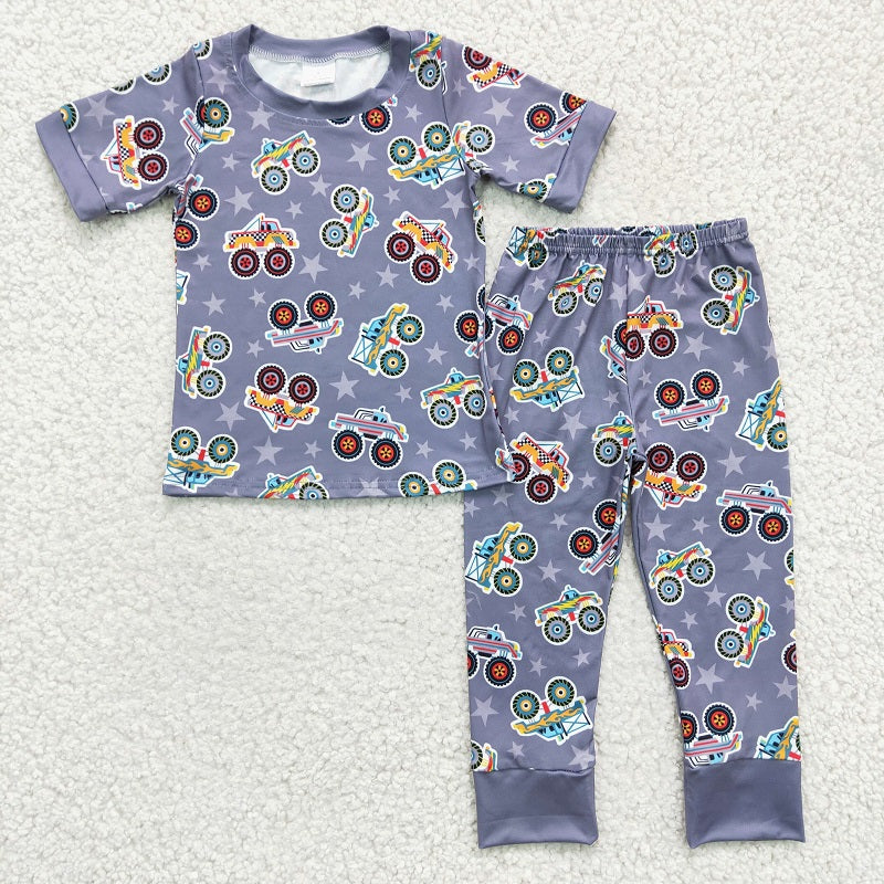 BSPO0039 Boys Construction Car Star Grey Short Sleeve Pants Set