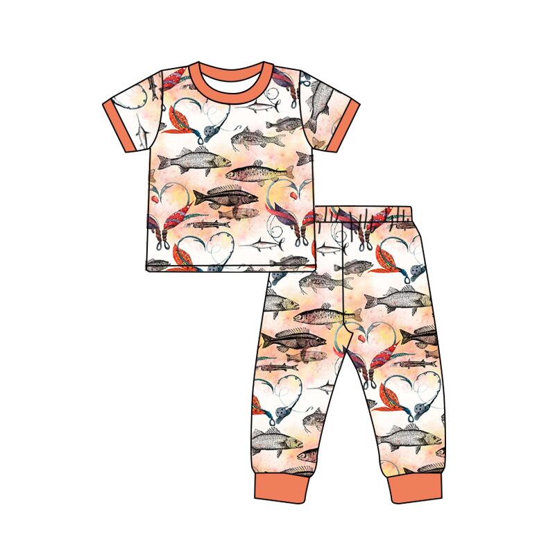 BSPO0041 Boys Fishing Orange Short Sleeve Pants Set