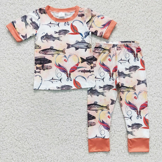 BSPO0041 Boys Fishing Orange Short Sleeve Pants Set