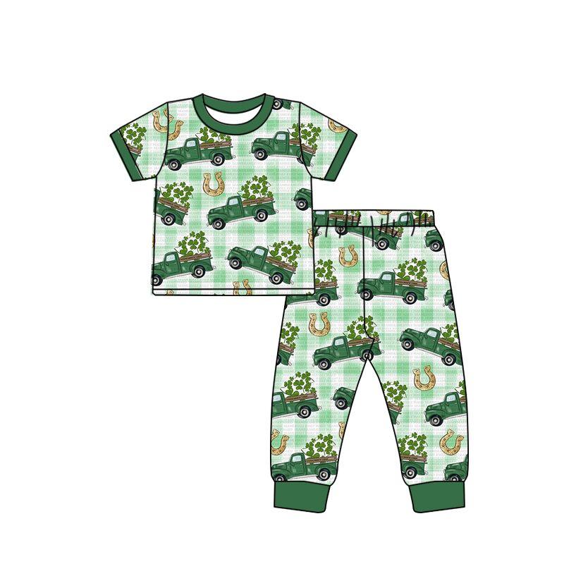 BSPO0043 Boys Green Car Clover Short Sleeve Pants Set