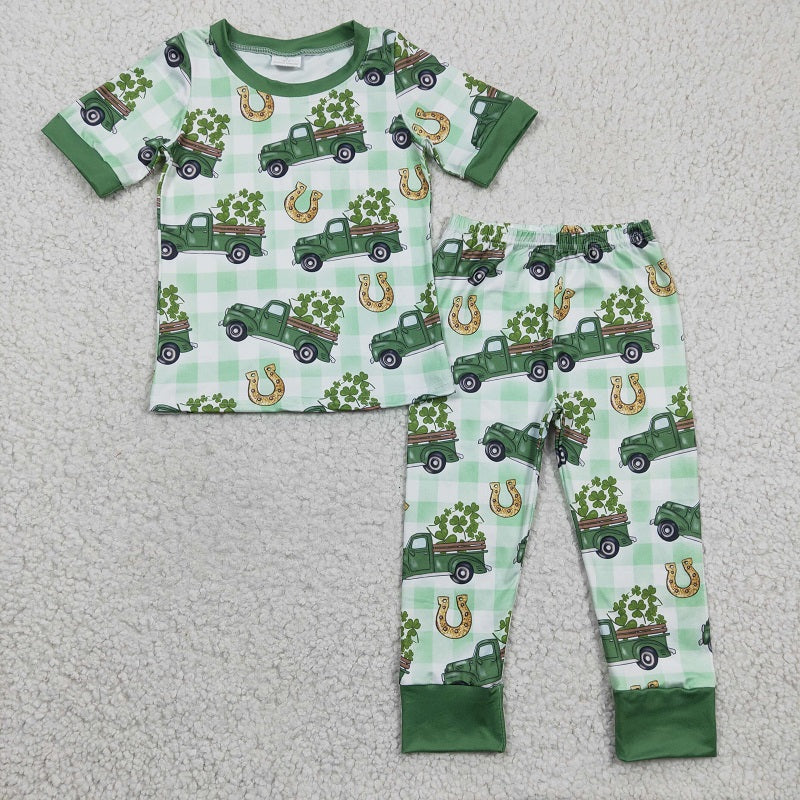 BSPO0043 Boys Green Car Clover Short Sleeve Pants Set