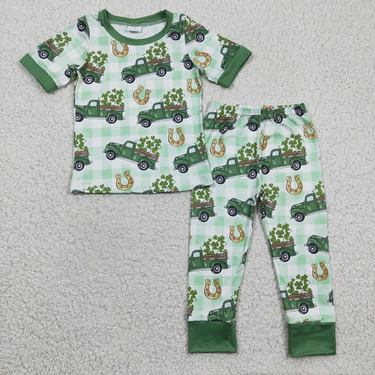 BSPO0043 Boys Green Car Clover Short Sleeve Pants Set