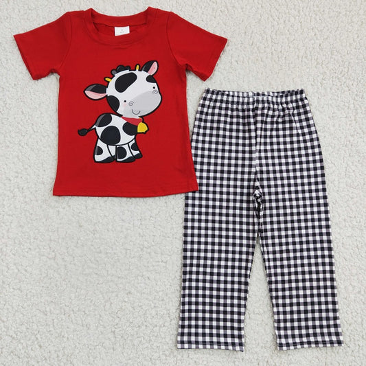 BSPO0057 Boys Embroidered Cow Red Short Sleeve Check Pants Set