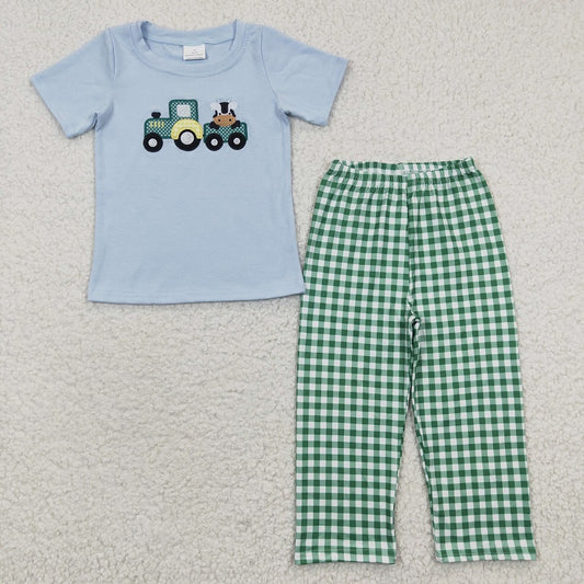 BSPO0089 Baby Boys Embroidered Car Cow Blue Short Sleeve Green Check Pants Set