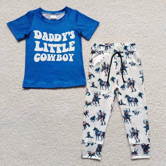 BSPO0100 Baby Boy daddys little cowboy blue short-sleeved trouser suit