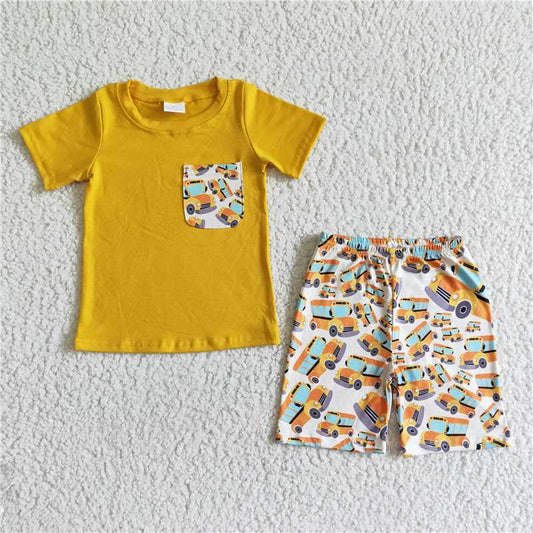 BSSO0041 Boys Yellow Pocket Short Sleeve Car Shorts Set