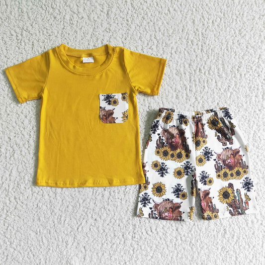 BSSO0069 Boys Alpine Cow Cactus Sunflower Pocket Short Sleeve Shorts Set