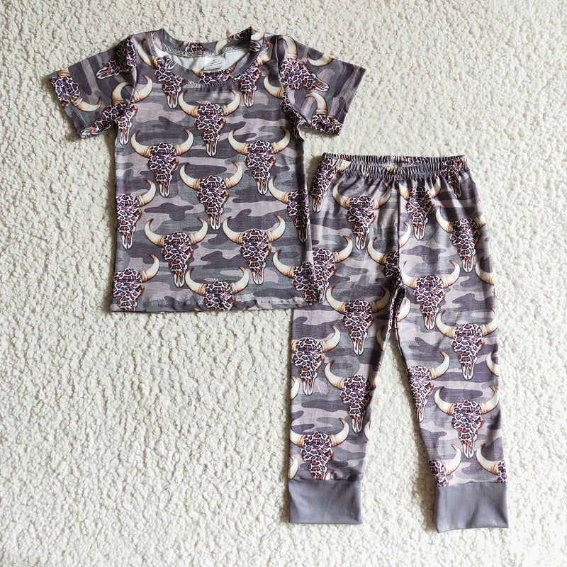 BSSO0086 Boys Leopard Print Bull Head Camo Short Sleeve Pants Set