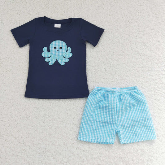 BSSO0088 baby boy clothes octopus embroidery outfits summer clothing