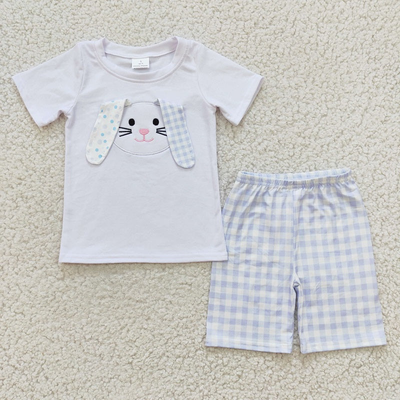 BSSO0090 Baby Boys Embroidered Rabbit White Short Sleeve Blue Check Shorts Set