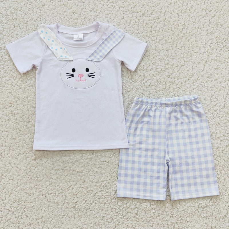 BSSO0090 Baby Boys Embroidered Rabbit White Short Sleeve Blue Check Shorts Set