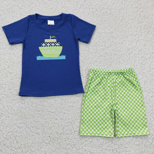 BSSO0097 Baby Boys Embroidered Green Ship Blue Short Sleeve Shorts Set