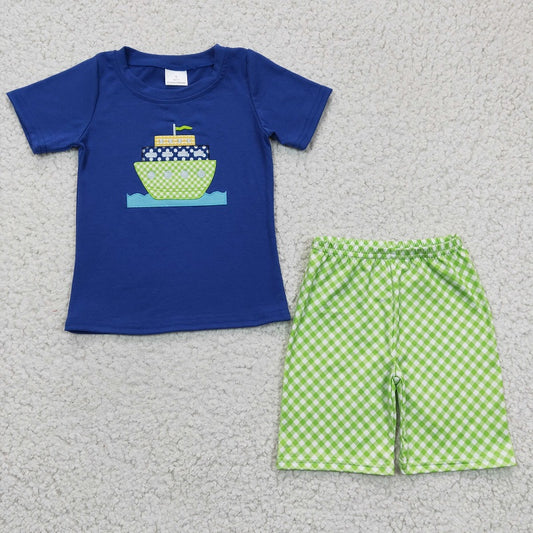 BSSO0097 Baby Boys Embroidered Green Ship Blue Short Sleeve Shorts Set D 6.13