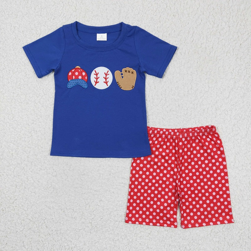 BSSO0098 Boys Embroidered Baseball Hat Blue Short Sleeve Shorts Set D 816