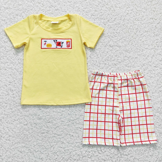 BSSO0112 Boys Embroidered Cow Burger Yellow Short Sleeve Shorts Set D 816