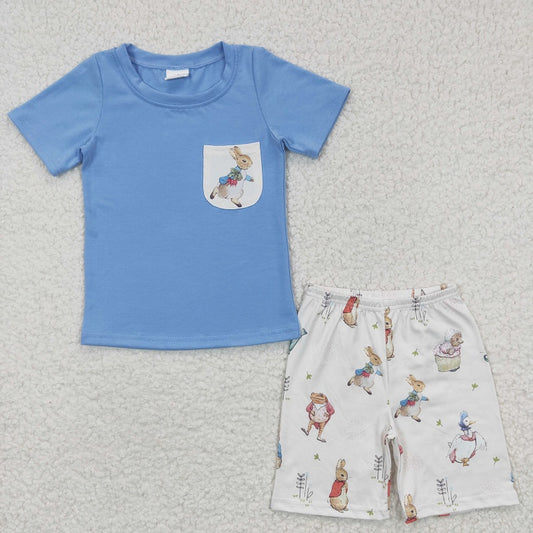 BSSO0115 Baby Boys Rabbit Pocket Blue Short Sleeve Shorts Set