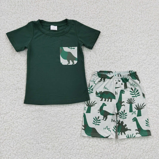BSSO0116 Boys Dinosaur Pocket Green Short Sleeve Shorts Set