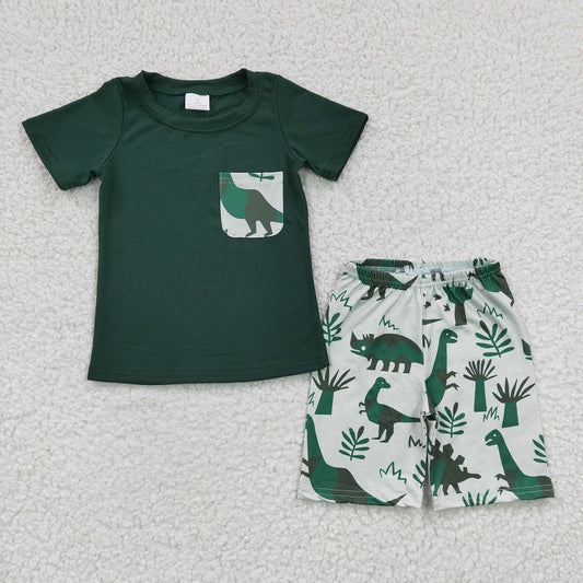 BSSO0116 Boys Dinosaur Pocket Green Short Sleeve Shorts Set D 816