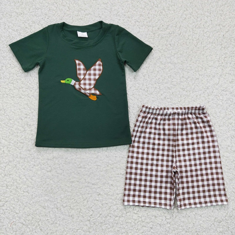BSSO0117 Baby Boys Embroidered Rice Duck Green Short Sleeve Plaid Shorts Set