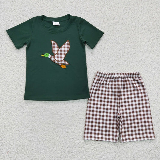 BSSO0117 Baby Boys Embroidered Rice Duck Green Short Sleeve Plaid Shorts Set