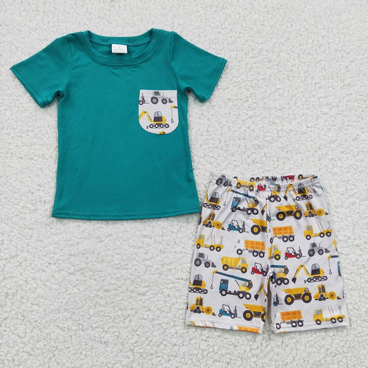 BSSO0118 Boys Construction Vehicle Excavator Pocket Blue Short Sleeve Suit