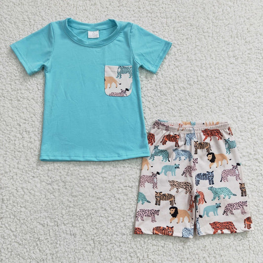BSSO0119 Boys Animal Tiger Lion Pocket Blue Short Sleeve Suit